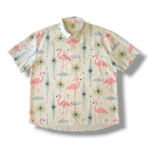 Hardaddy Retro Style Neon Flamingo Short Sleeve Button Shirt Men's Size Large